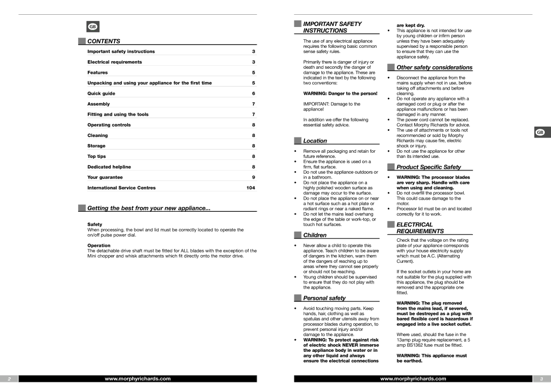 Morphy Richards FP48950MEE manual Contents, Important Safety Instructions, Electrical Requirements 