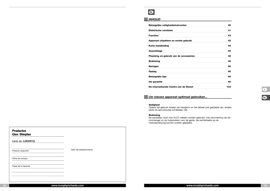 Morphy Richards FP48950MEE manual Inhoud, Uw nieuwe apparaat optimaal gebruiken, Veiligheid 