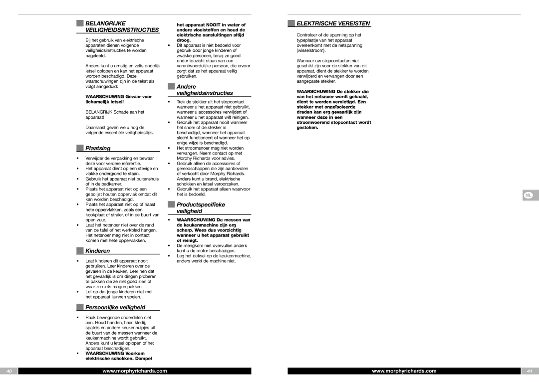 Morphy Richards FP48950MEE manual Belangrijke, Elektrische Vereisten 