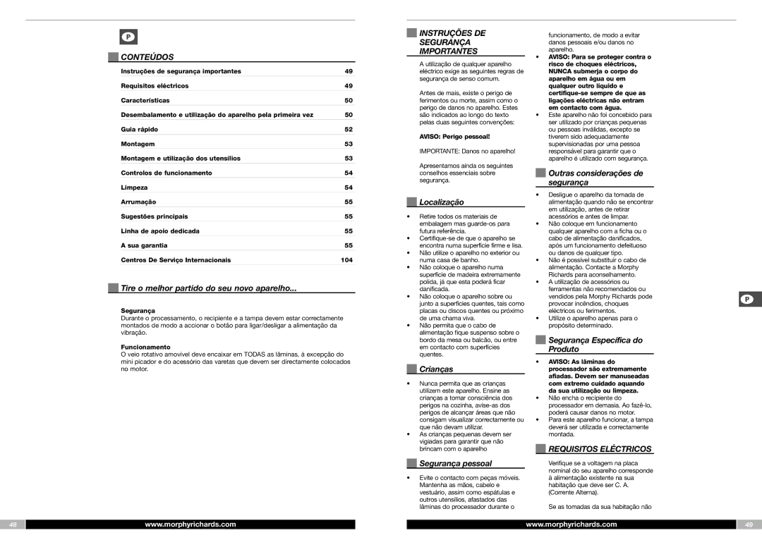 Morphy Richards FP48950MEE manual Conteúdos, Instruções DE Segurança Importantes 