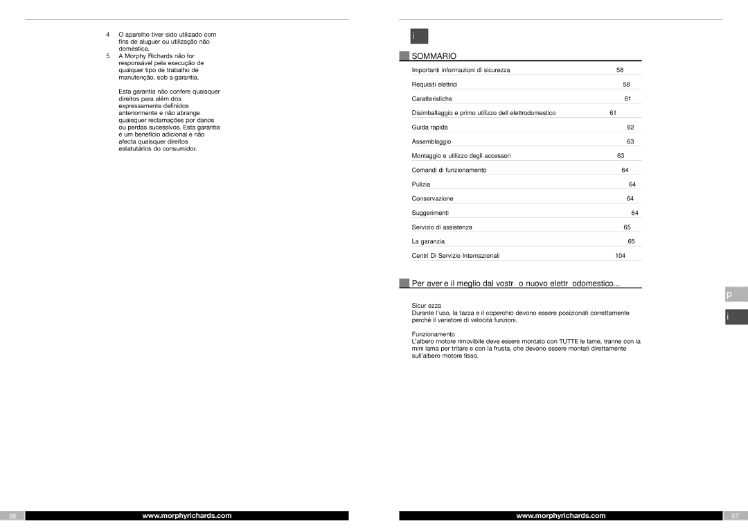 Morphy Richards FP48950MEE manual Sommario, Per avere il meglio dal vostro nuovo elettrodomestico, Sicurezza, Funzionamento 