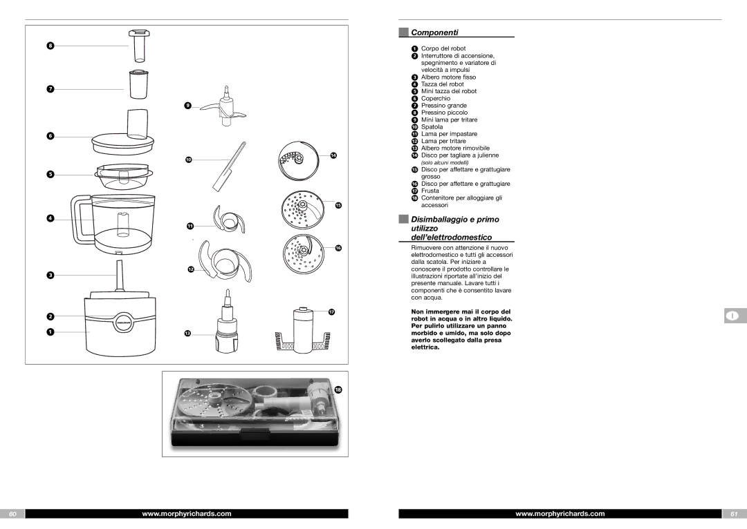 Morphy Richards FP48950MEE manual Componenti, Disimballaggio e primo Utilizzo dell’elettrodomestico 