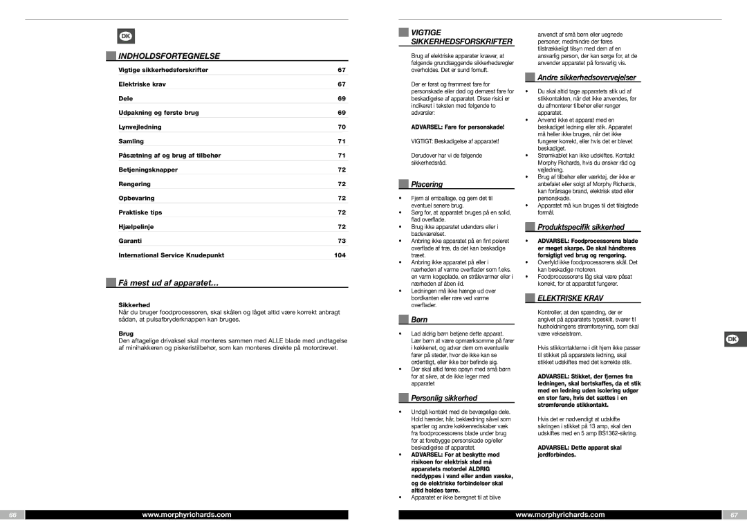 Morphy Richards FP48950MEE manual Indholdsfortegnelse, Elektriske Krav 