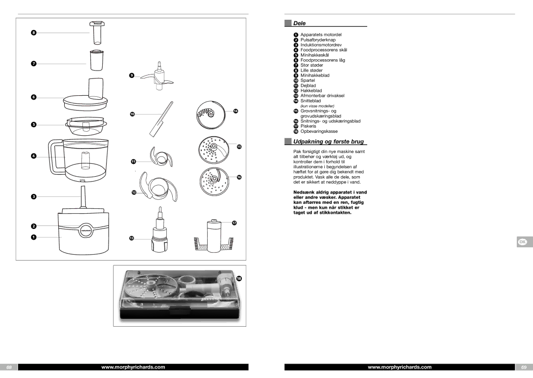 Morphy Richards FP48950MEE manual Dele, Udpakning og første brug 