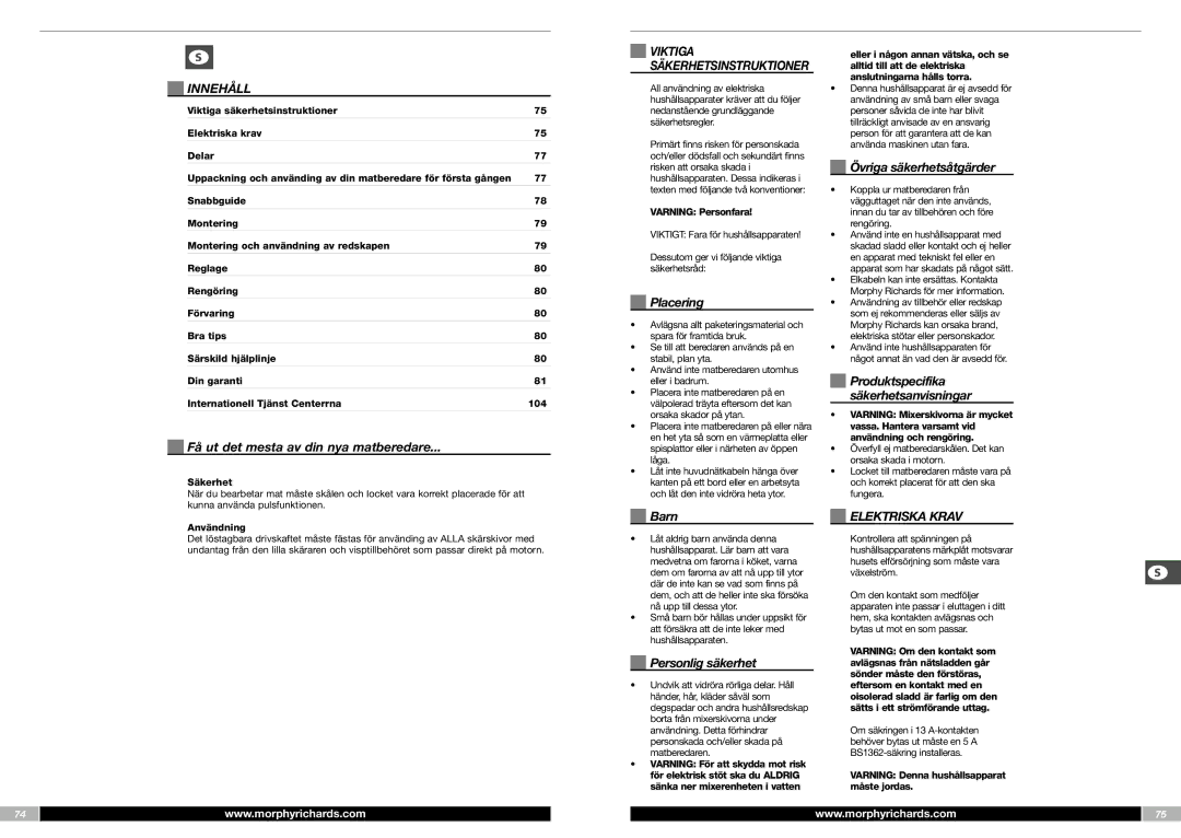 Morphy Richards FP48950MEE manual Innehåll, Viktiga, Elektriska Krav 