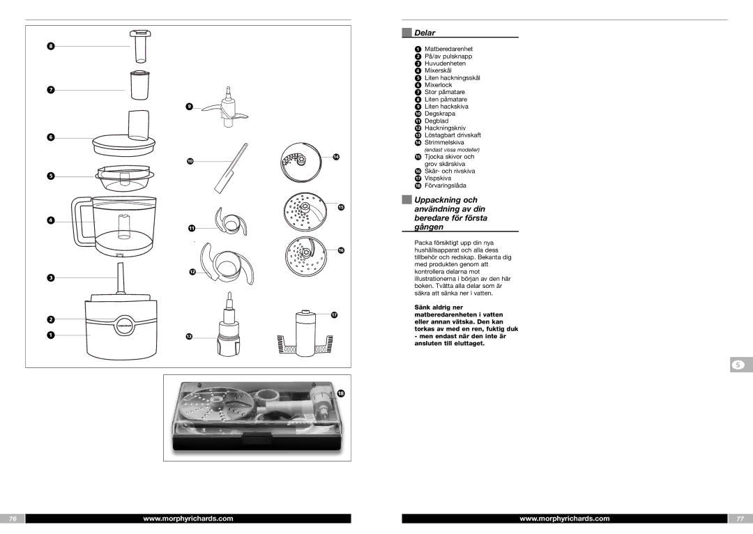 Morphy Richards FP48950MEE manual Delar, Uppackning och användning av din beredare för första Gången 
