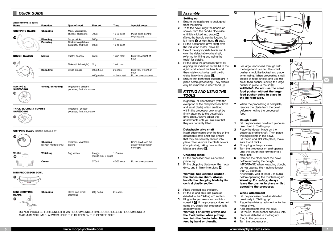 Morphy Richards FP48950MEE manual Quick Guide, Assembly, Fitting and Using the Tools 