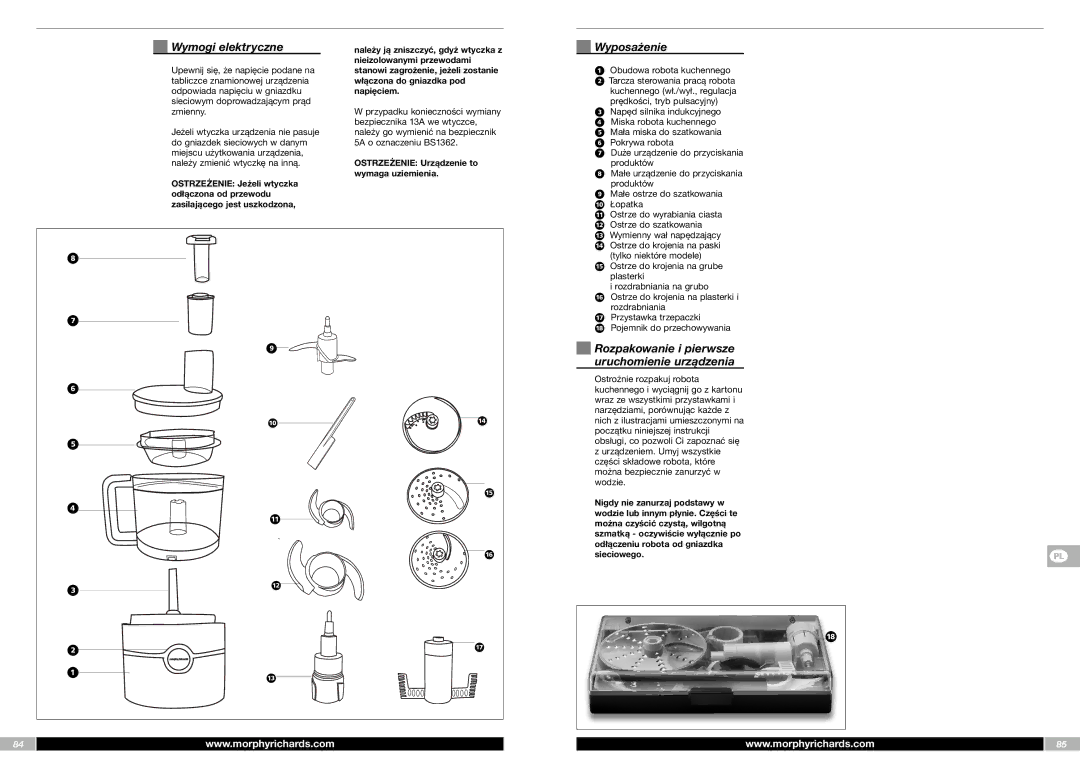 Morphy Richards FP48950MEE manual Wymogi elektryczne, Wyposażenie, Rozpakowanie i pierwsze uruchomienie urządzenia, „ Á 