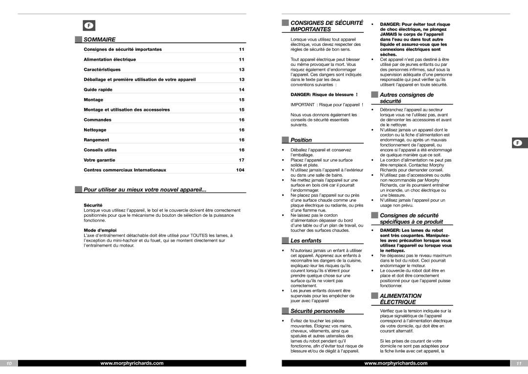 Morphy Richards FP48950MEE manual Sommaire, Consignes DE Sécurité Importantes, Alimentation Électrique 