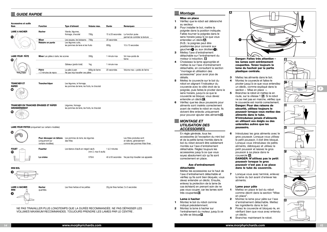 Morphy Richards FP48950MEE manual Guide Rapide, Montage ET Utilisation DES Accessoires 