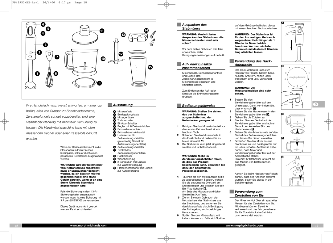 Morphy Richards FP48952MEE Auspacken des Stabmixers, Ausstattung, Bedienungshinweise, Verwendung zum, Zerstoßen von Eis 