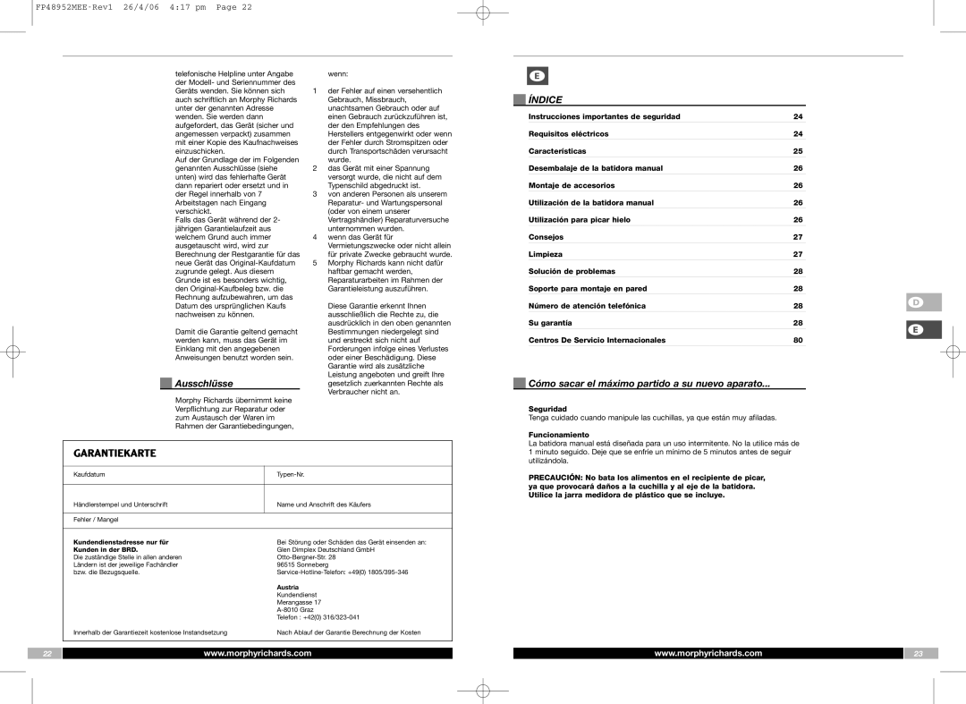 Morphy Richards FP48952MEE Ausschlüsse, Índice, Cómo sacar el máximo partido a su nuevo aparato, Seguridad, Funcionamiento 