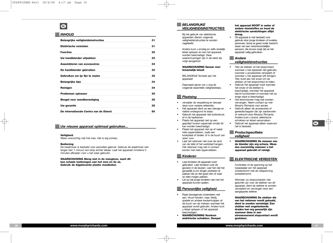 Morphy Richards FP48952MEE manual Inhoud, Belangrijke, Elektrische Vereisten 