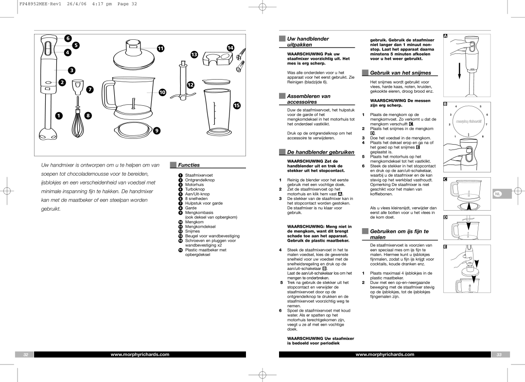 Morphy Richards FP48952MEE Uw handblender uitpakken, Assembleren van accessoires, Functies, Gebruiken om ijs fijn te Malen 