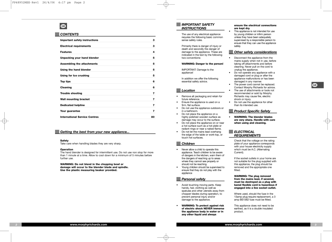 Morphy Richards FP48952MEE manual Contents, Important Safety Instructions, Electrical Requirements 