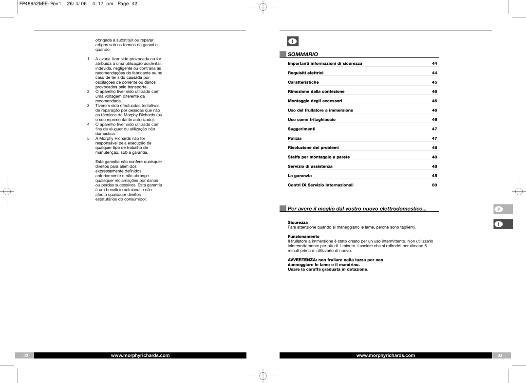 Morphy Richards FP48952MEE manual Sommario, Per avere il meglio dal vostro nuovo elettrodomestico, Sicurezza, Funzionamento 