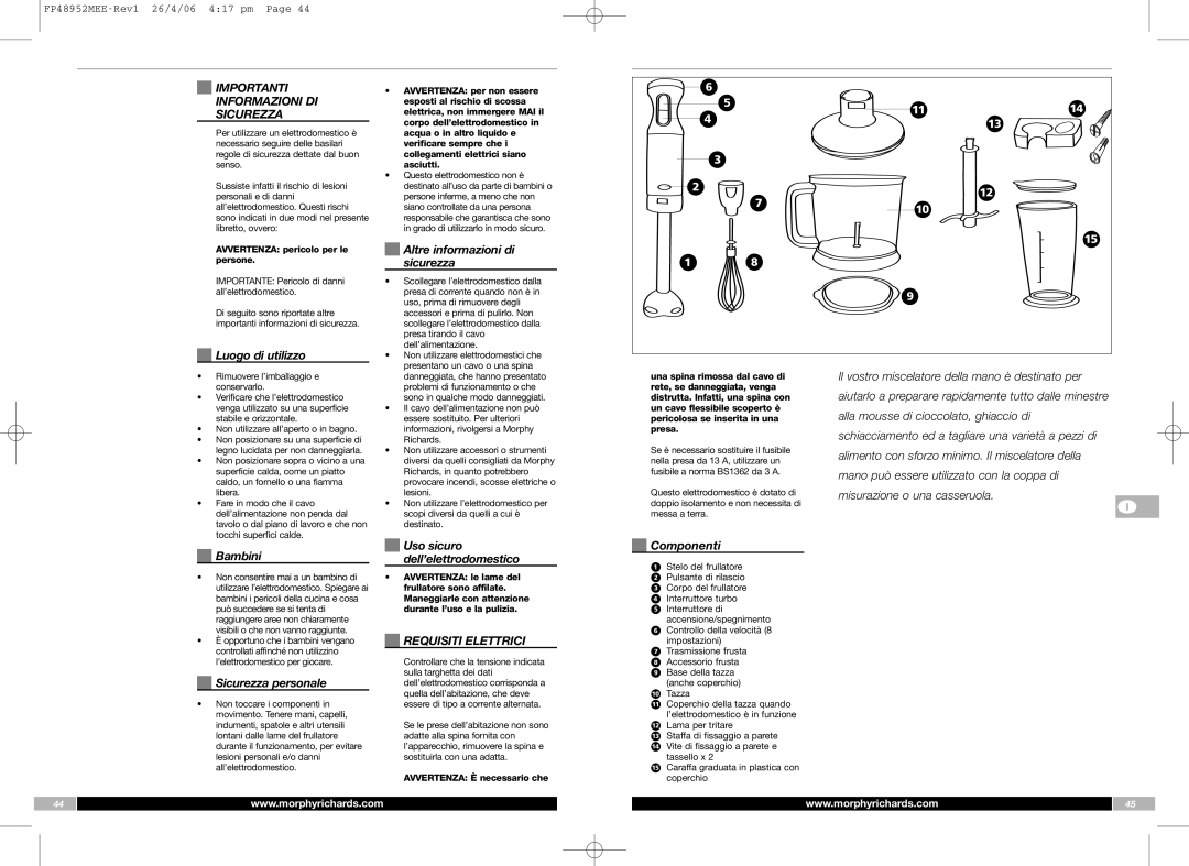 Morphy Richards FP48952MEE manual Importanti Informazioni DI Sicurezza, Requisiti Elettrici 