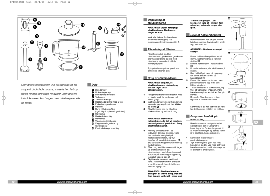 Morphy Richards FP48952MEE manual Udpakning af stavblenderen, Påsætning af tilbehør, Dele, Brug med henblik på isknusning 