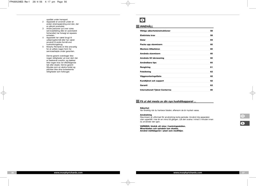 Morphy Richards FP48952MEE manual Innehåll, Få ut det mesta av din nya hushållsapparat, Säkerhet, Användning 