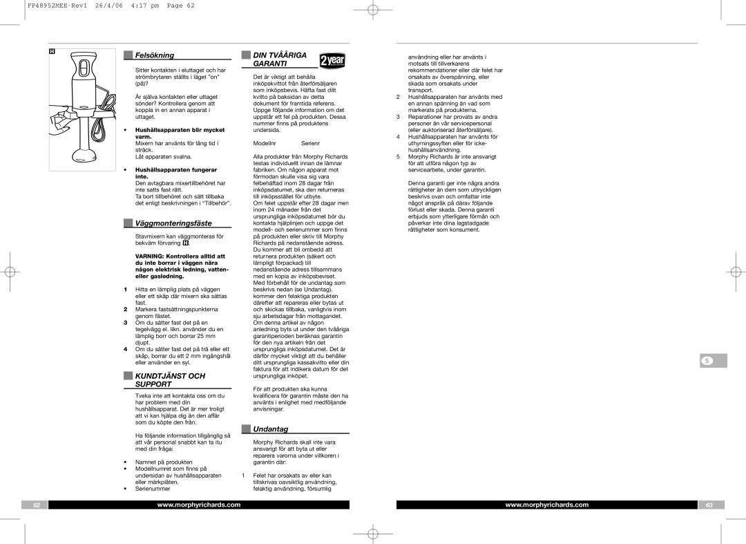 Morphy Richards FP48952MEE manual Felsökning, Väggmonteringsfäste, Kundtjänst OCH Support, DIN Tvååriga Garanti, Undantag 