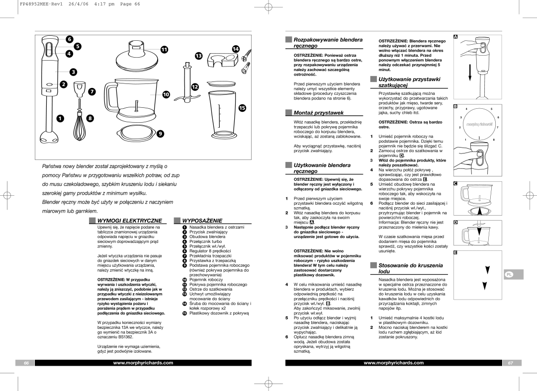 Morphy Richards FP48952MEE manual Wymogi Elektryczne, Wyposażenie 