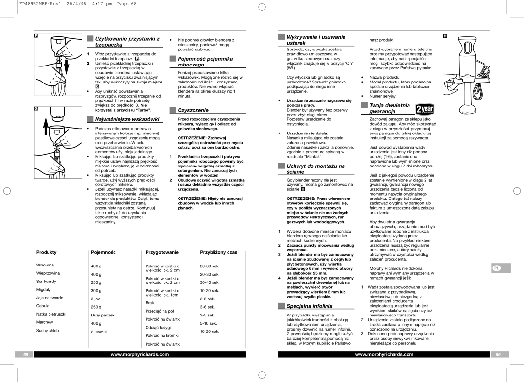 Morphy Richards FP48952MEE Użytkowanie przystawki z trzepaczką, Najważniejsze wskazówki, Pojemność pojemnika roboczego 