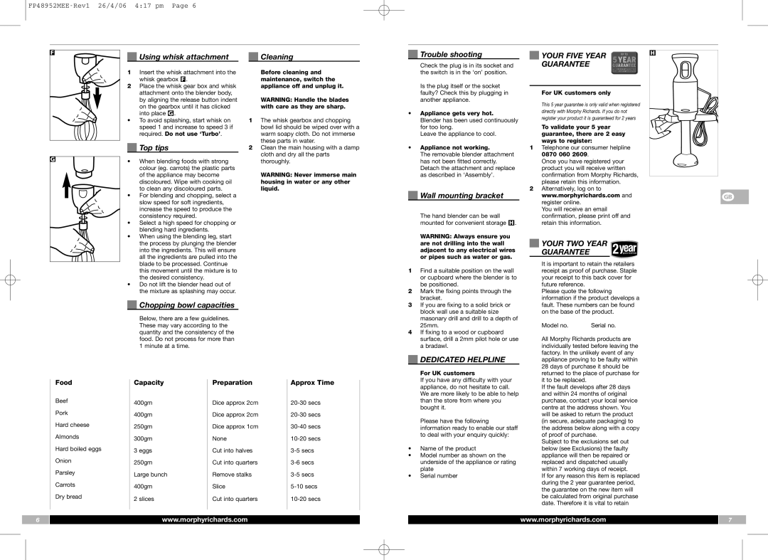 Morphy Richards FP48952MEE manual Your Five Year, Guarantee, Your TWO Year, Dedicated Helpline 