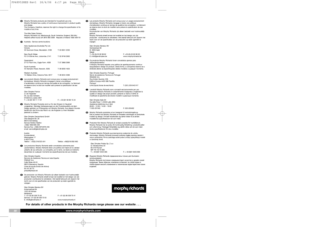 Morphy Richards FP48952MEE manual New South Wales F3/ 3-9 Birnie Ave., Lidcombe 