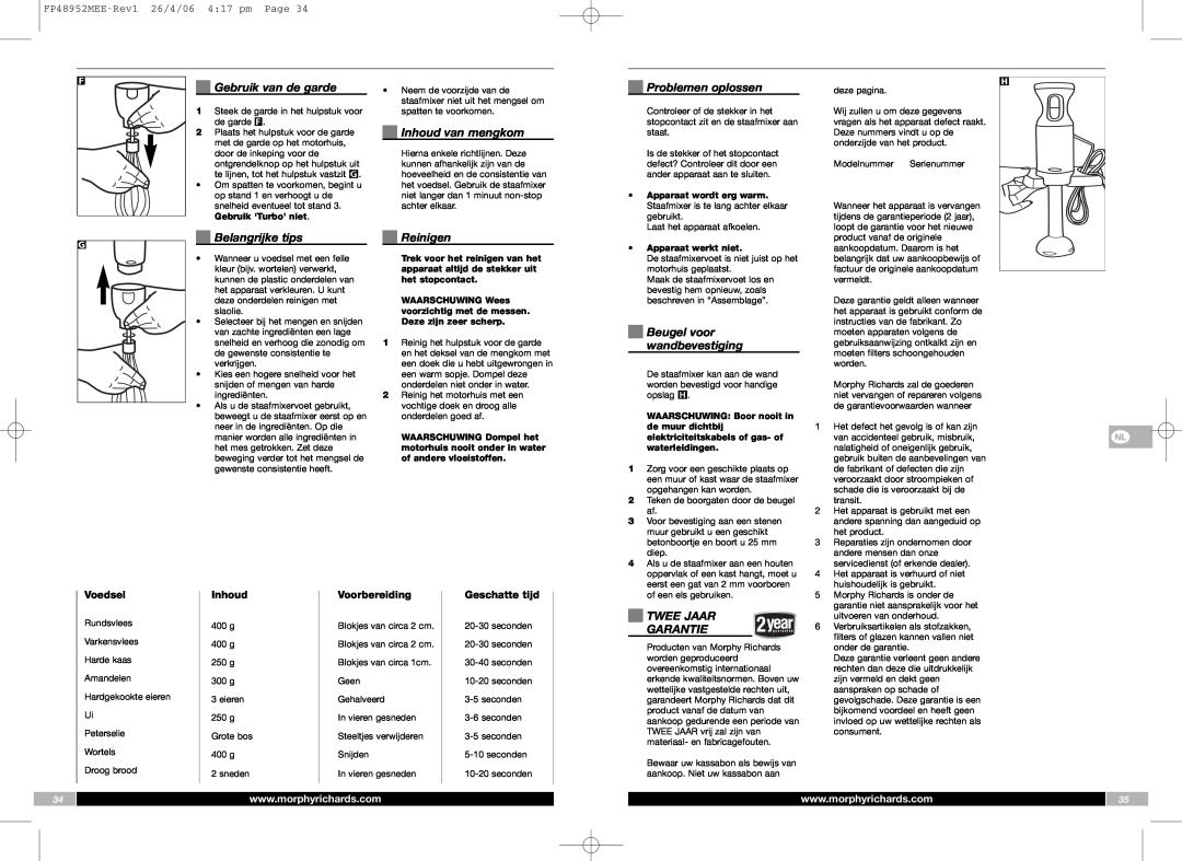 Morphy Richards FP48952MEE manual Gebruik van de garde, Belangrijke tips, Inhoud van mengkom, Reinigen, Problemen oplossen 