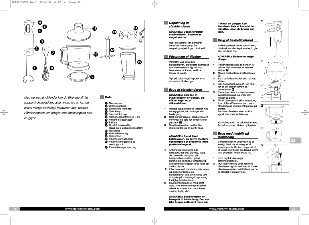 Morphy Richards FP48952MEE manual Udpakning af stavblenderen, Påsætning af tilbehør, Brug af stavblenderen, Dele 