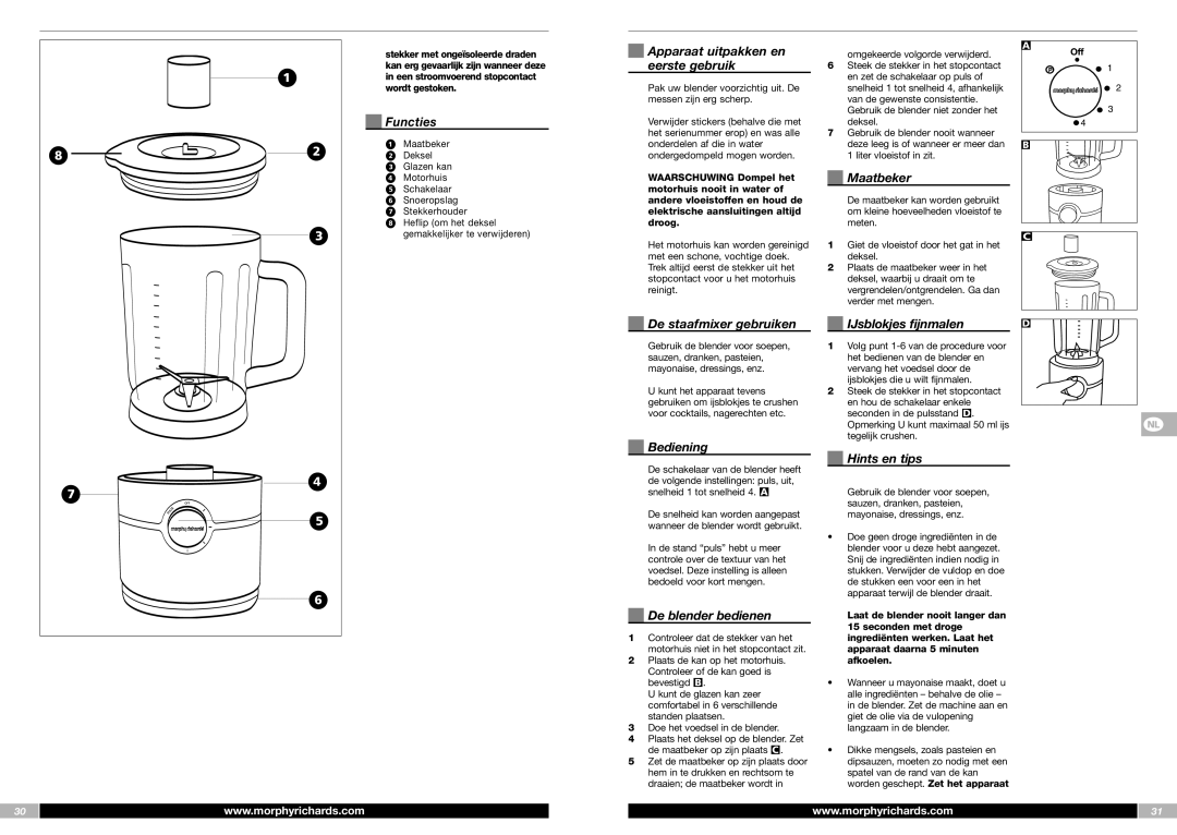 Morphy Richards FP48953MEE manual Functies, Apparaat uitpakken en, Eerste gebruik, Maatbeker, Bediening, Hints en tips 