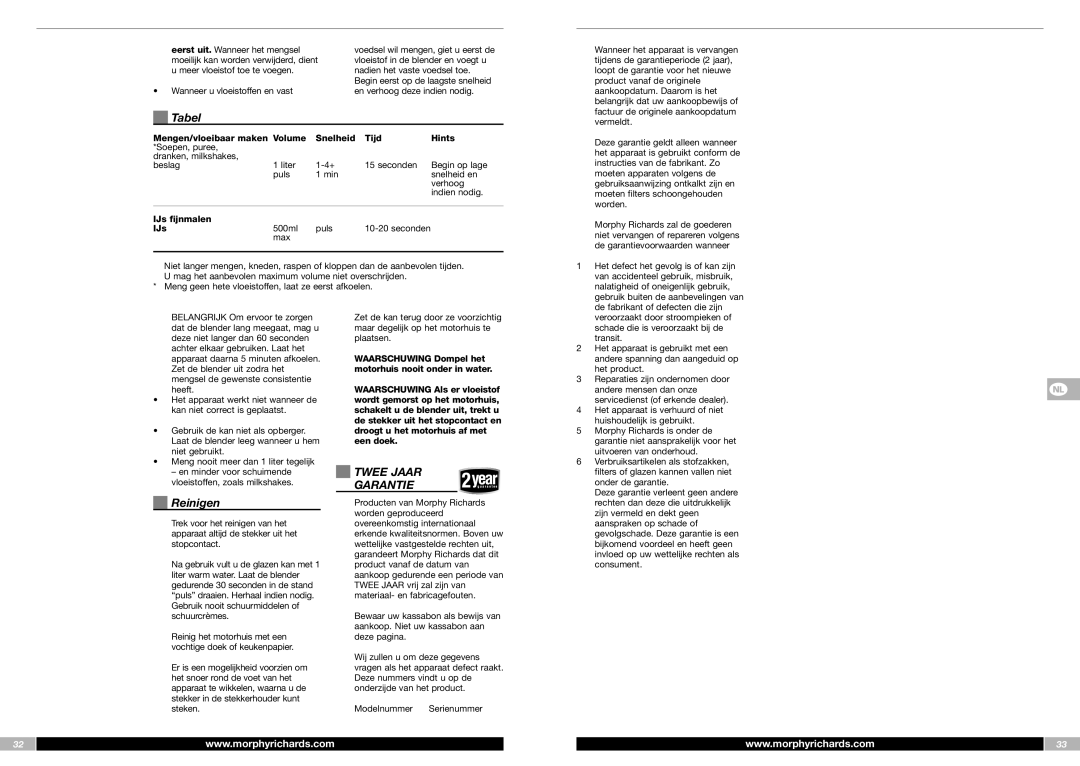 Morphy Richards FP48953MEE manual Tabel, Reinigen, Twee Jaar Garantie 