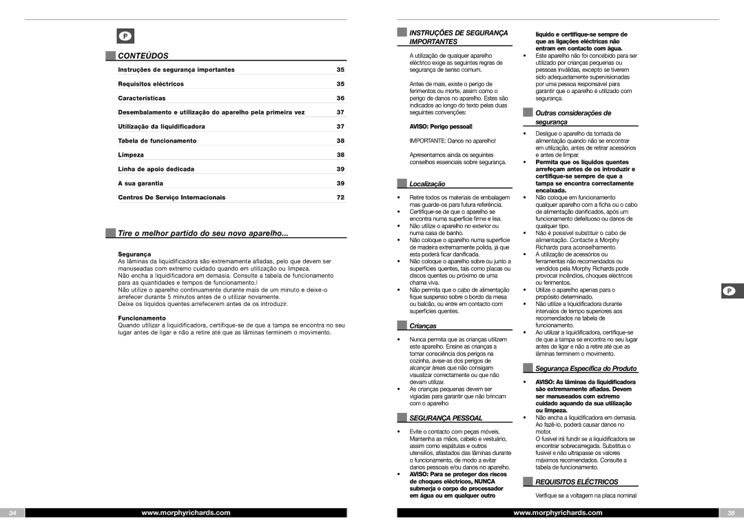 Morphy Richards FP48953MEE manual Conteúdos, Tire o melhor partido do seu novo aparelho, Segurança Pessoal 