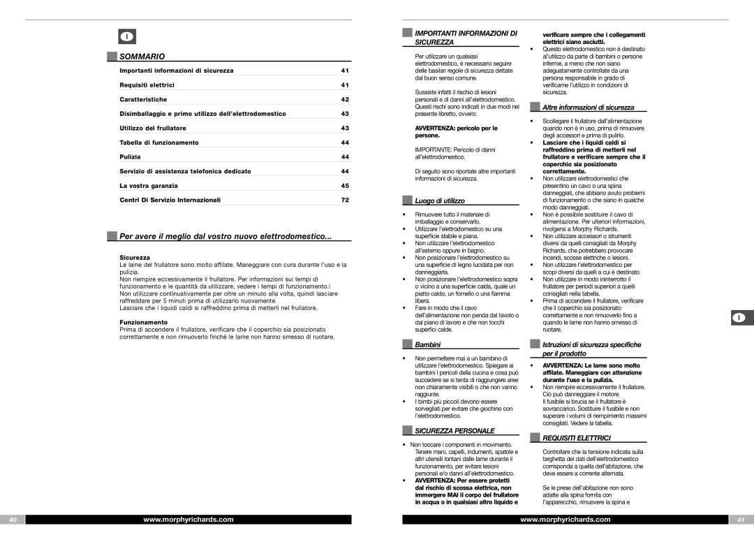 Morphy Richards FP48953MEE manual Sommario, Per avere il meglio dal vostro nuovo elettrodomestico, Sicurezza Personale 