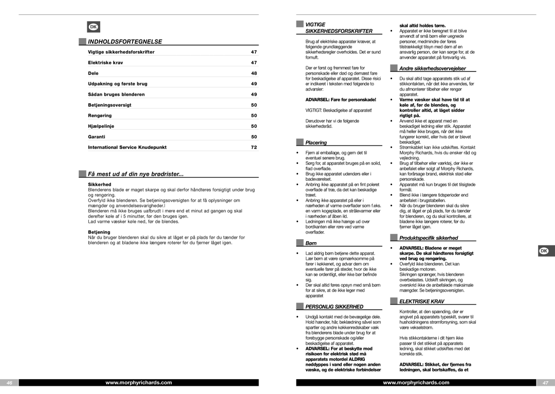 Morphy Richards FP48953MEE Indholdsfortegnelse, Få mest ud af din nye brødrister, Personlig Sikkerhed, Elektriske Krav 