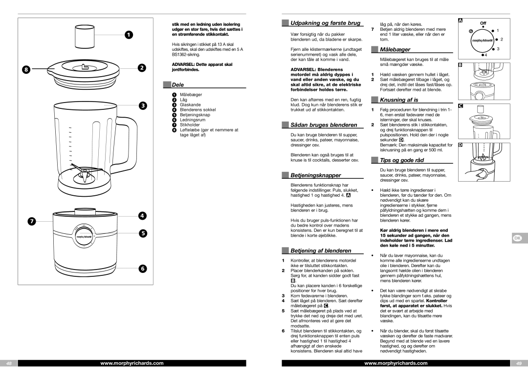 Morphy Richards FP48953MEE manual Dele, Udpakning og første brug, Sådan bruges blenderen, Betjeningsknapper, Målebæger 