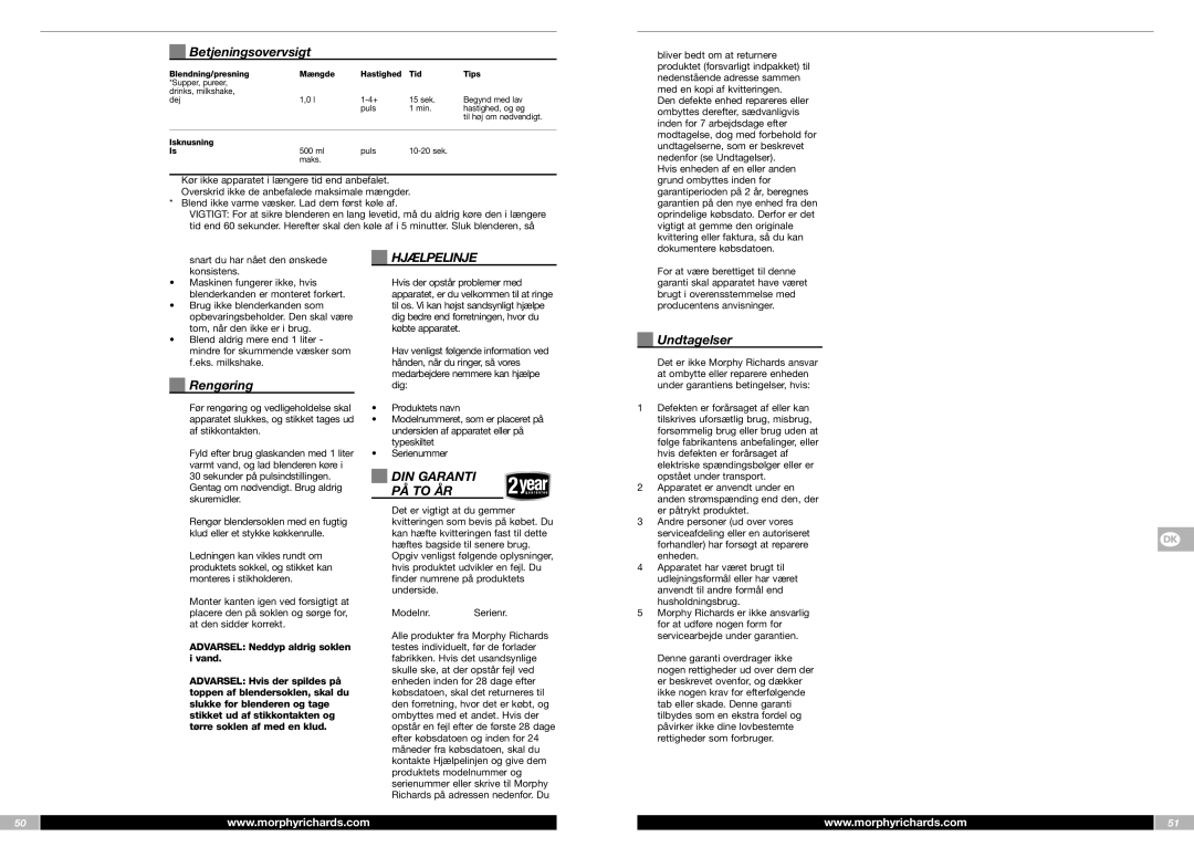 Morphy Richards FP48953MEE manual Hjælpelinje, DIN Garanti, PÅ to ÅR 