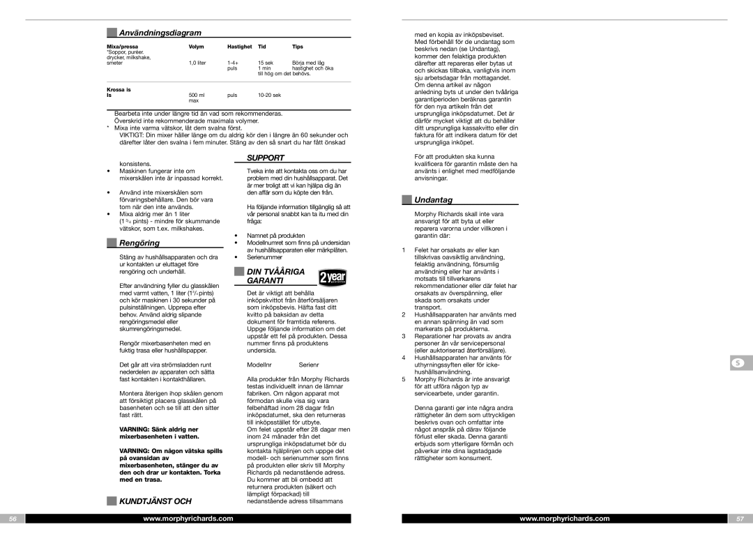 Morphy Richards FP48953MEE manual Support, DIN Tvååriga, Garanti, Kundtjänst OCH 