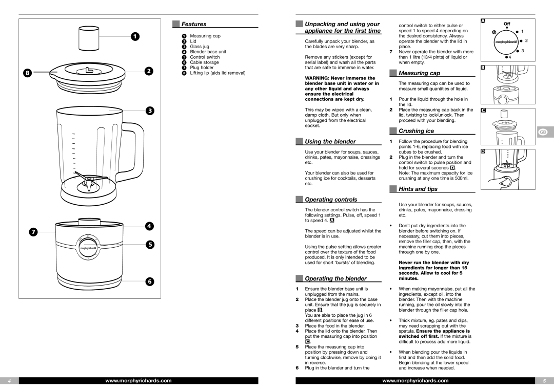 Morphy Richards FP48953MEE manual Features, Unpacking and using your appliance for the first time, Using the blender 