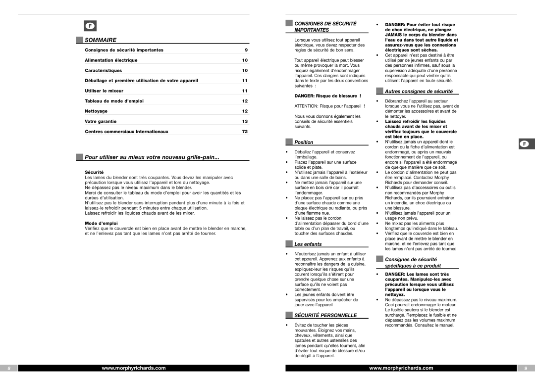 Morphy Richards FP48953MEE Sommaire, Pour utiliser au mieux votre nouveau grille-pain, Consignes DE Sécurité Importantes 