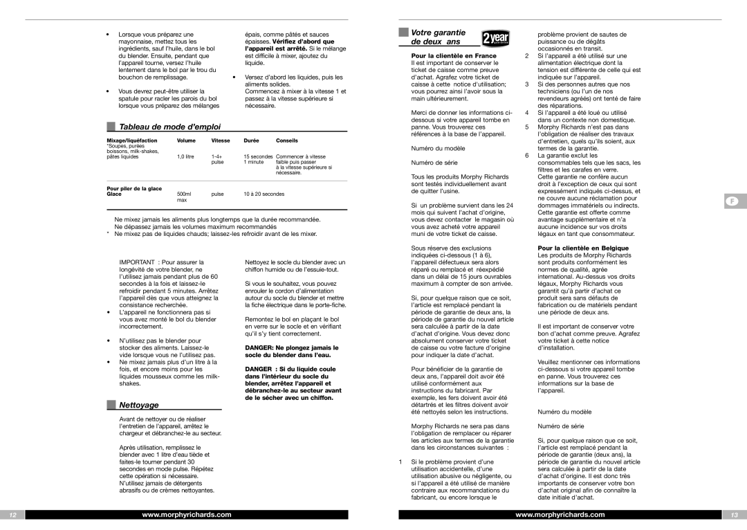 Morphy Richards FP48953MEE manual Tableau de mode d’emploi, Votre garantie de deux ans, Nettoyage 