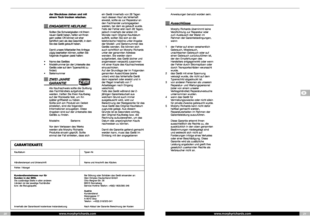 Morphy Richards FP48953MEE manual Garantiekarte, Engagierte Helpline, Zwei Jahre Garantie, Ausschlüsse 