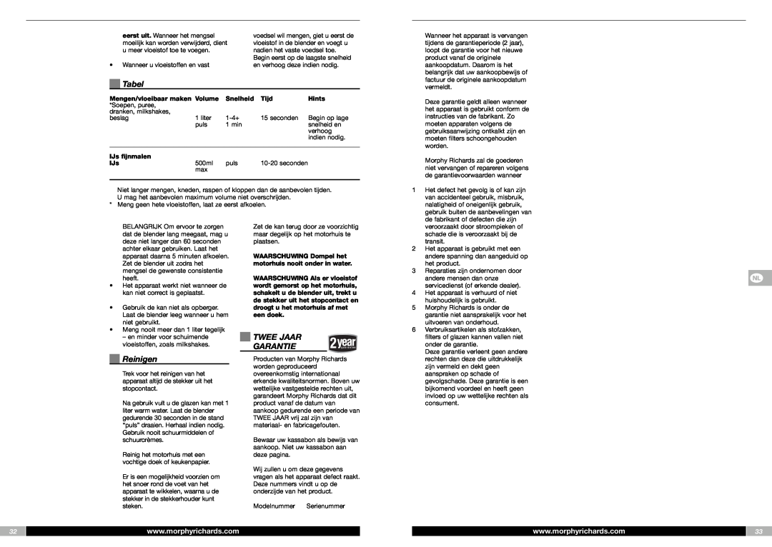 Morphy Richards FP48953MEE manual Tabel, Reinigen, Twee Jaar Garantie 
