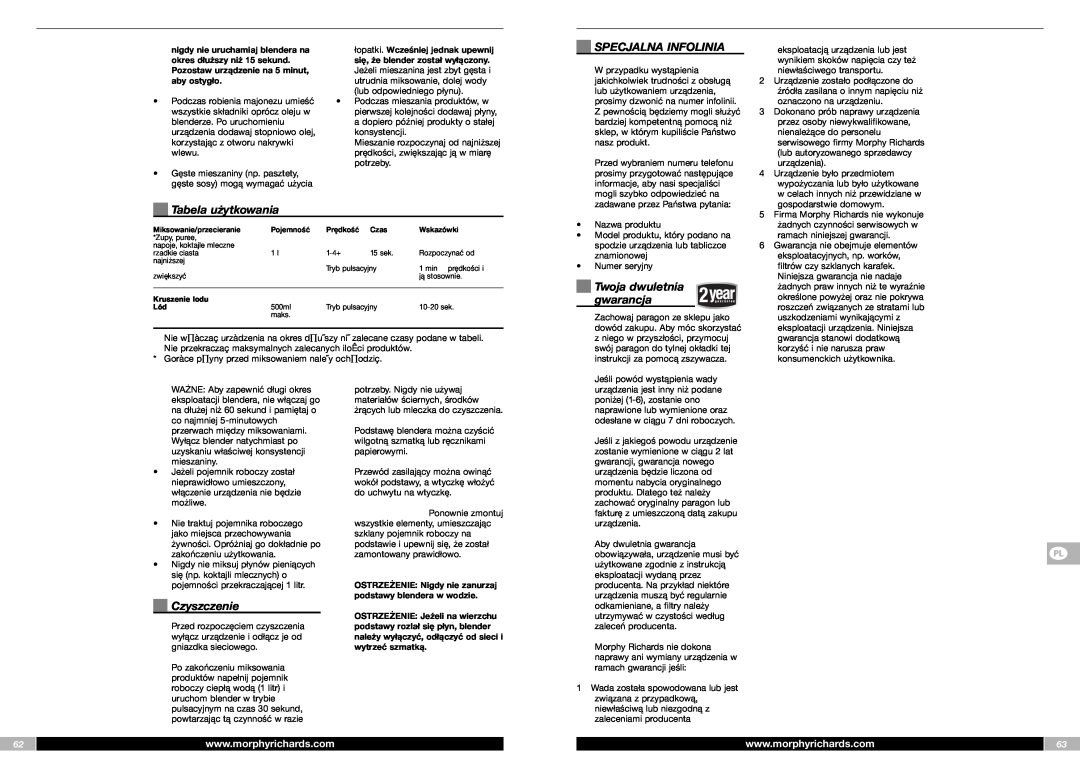 Morphy Richards FP48953MEE manual Tabela użytkowania, Specjalna Infolinia, Twoja dwuletnia gwarancja, Czyszczenie 