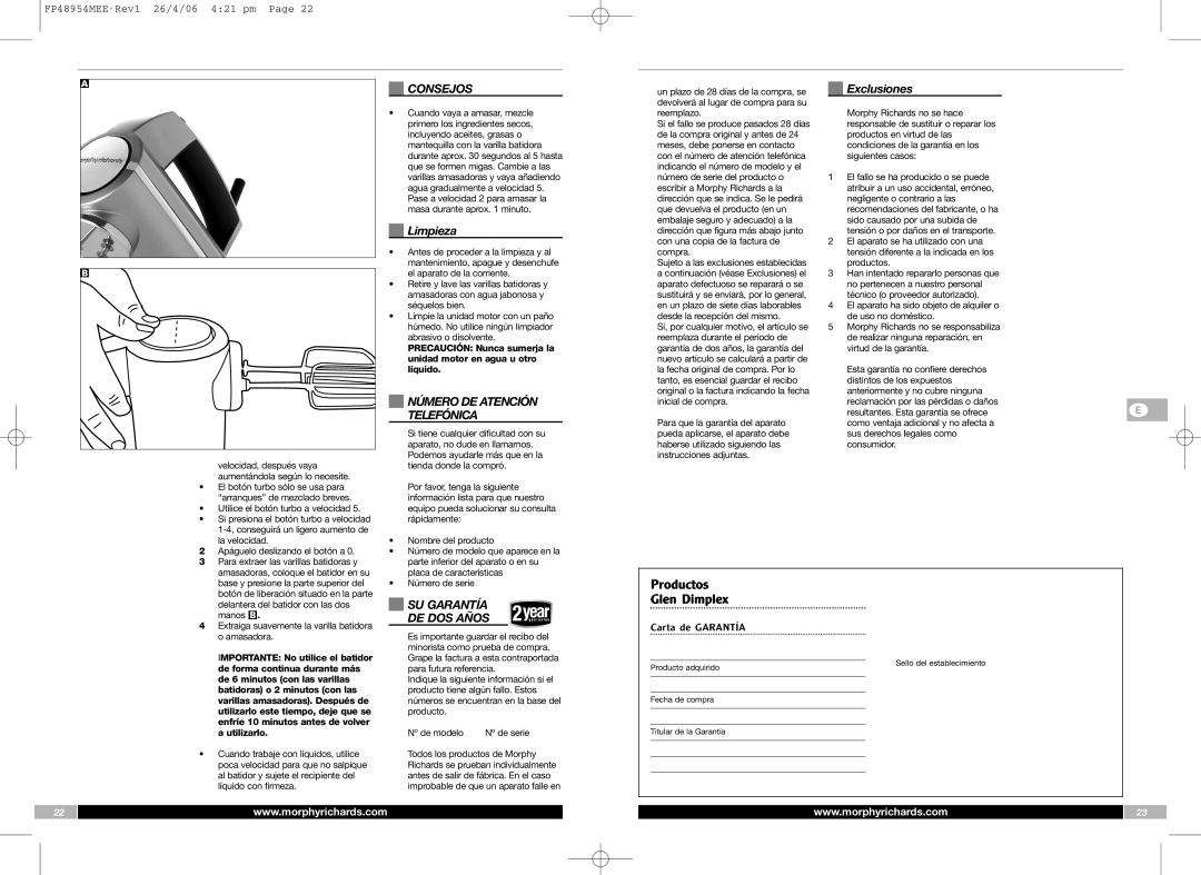 Morphy Richards FP48954MEE manual Consejos, Limpieza, Número DE Atención Telefónica, SU Garantía DE DOS Años, Exclusiones 