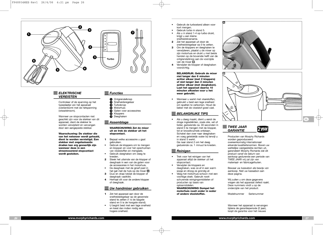 Morphy Richards FP48954MEE manual Elektrische, Vereisten, Belangrijke Tips, Twee Jaar Garantie 