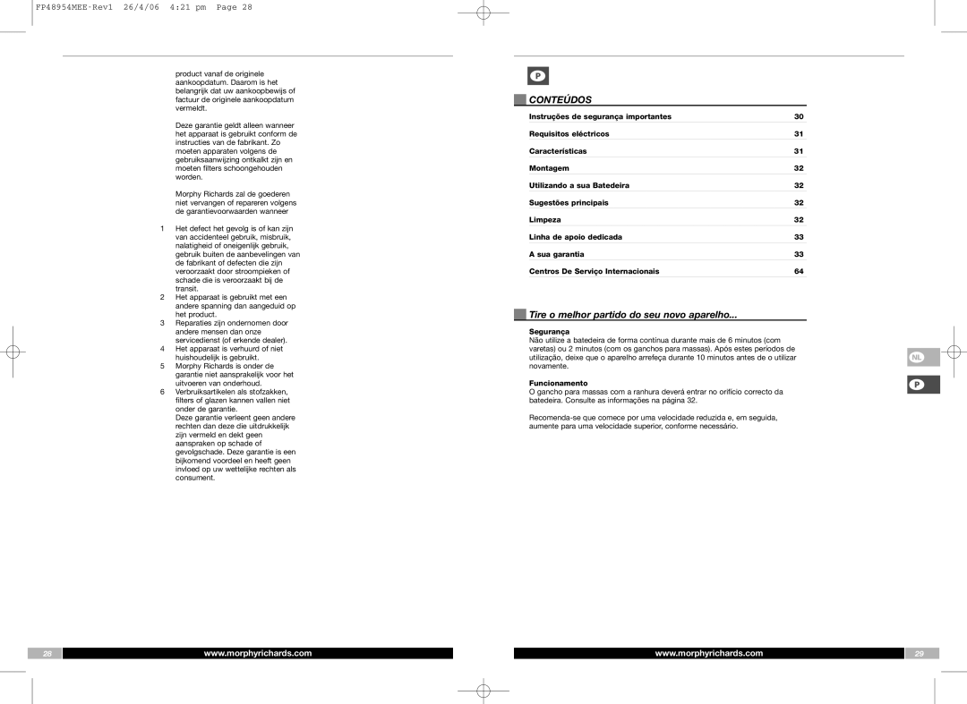 Morphy Richards FP48954MEE manual Conteúdos, Tire o melhor partido do seu novo aparelho, Segurança, Funcionamento 