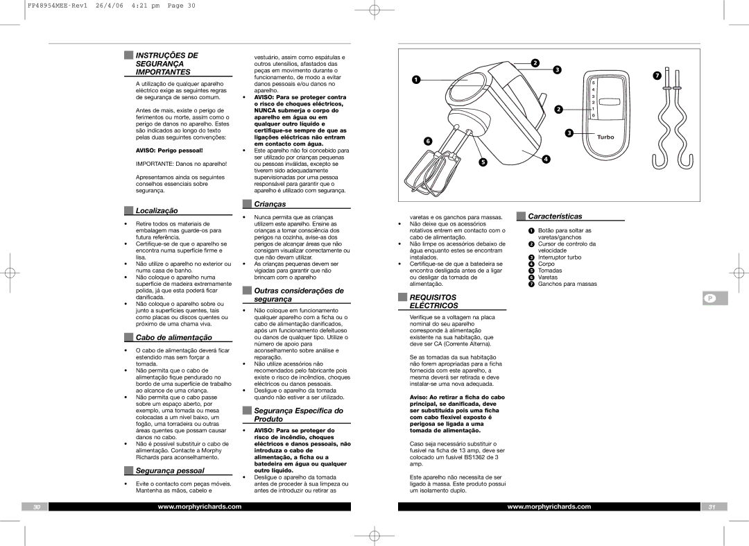 Morphy Richards FP48954MEE manual Instruções DE, Segurança, Importantes, Requisitos Eléctricos 