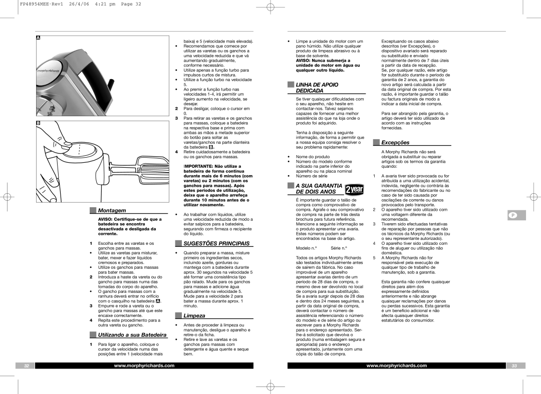 Morphy Richards FP48954MEE manual Sugestões Principais, Linha DE Apoio, Dedicada, SUA Garantia, DE Dois Anos 