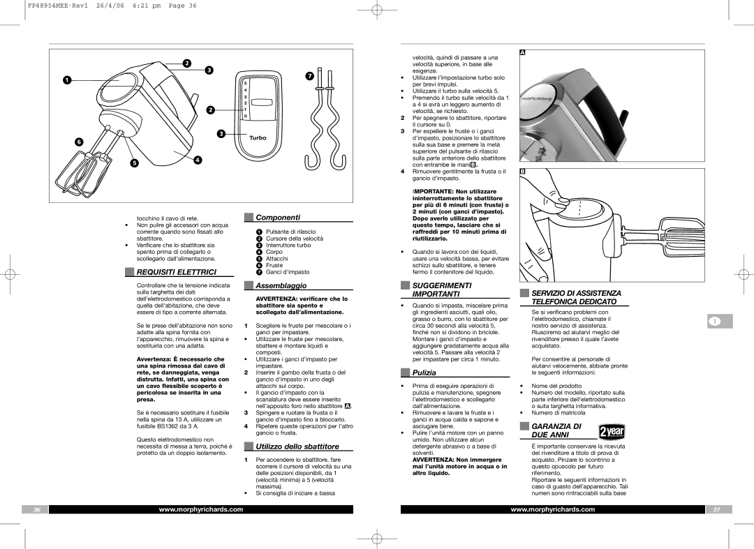 Morphy Richards FP48954MEE manual Requisiti Elettrici, Suggerimenti Servizio DI Assistenza Importanti, Telefonica Dedicato 